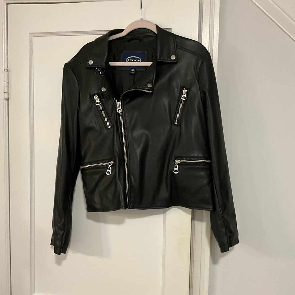 Black Faux Leather Jacket with Zipper Accents